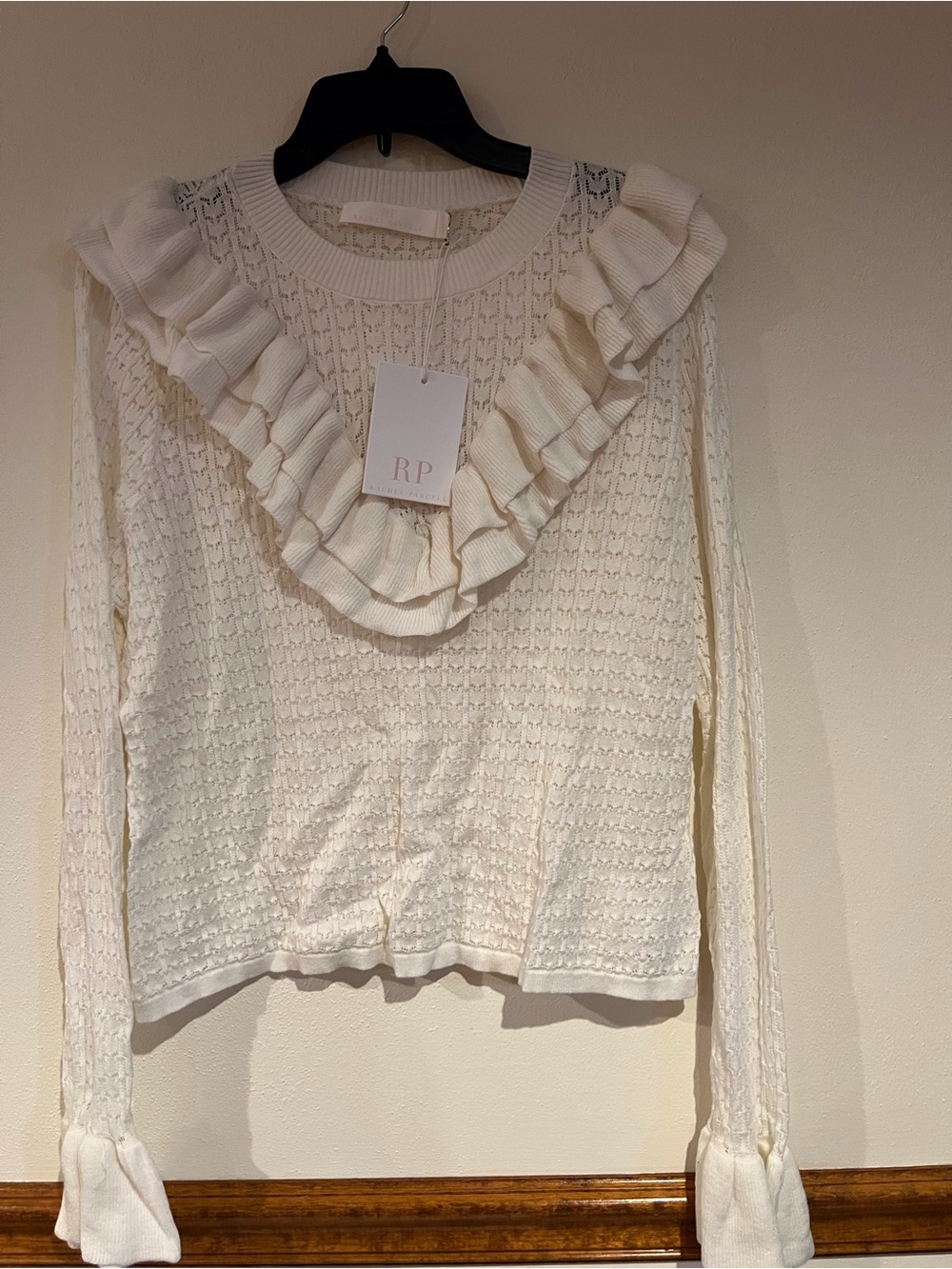 Rachel Parcell Cream Ruffle-Trim Crewneck Sweater